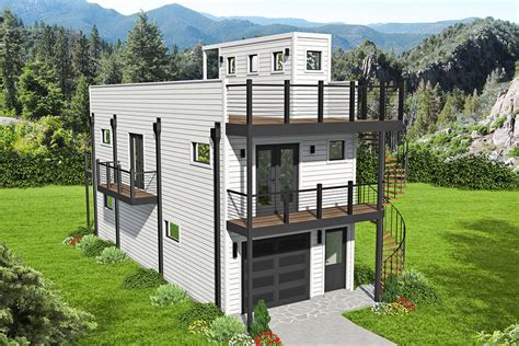 2 bedroom house plans using stucco and metal roof|2 story house with rooftop patio.